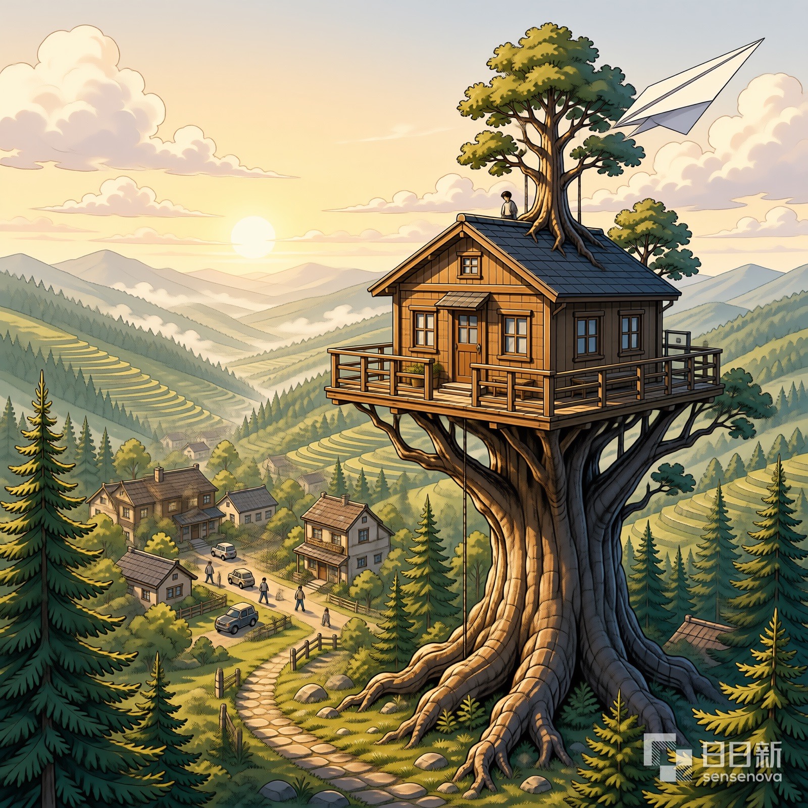 树顶木屋邮局全景，晨雾与山丘