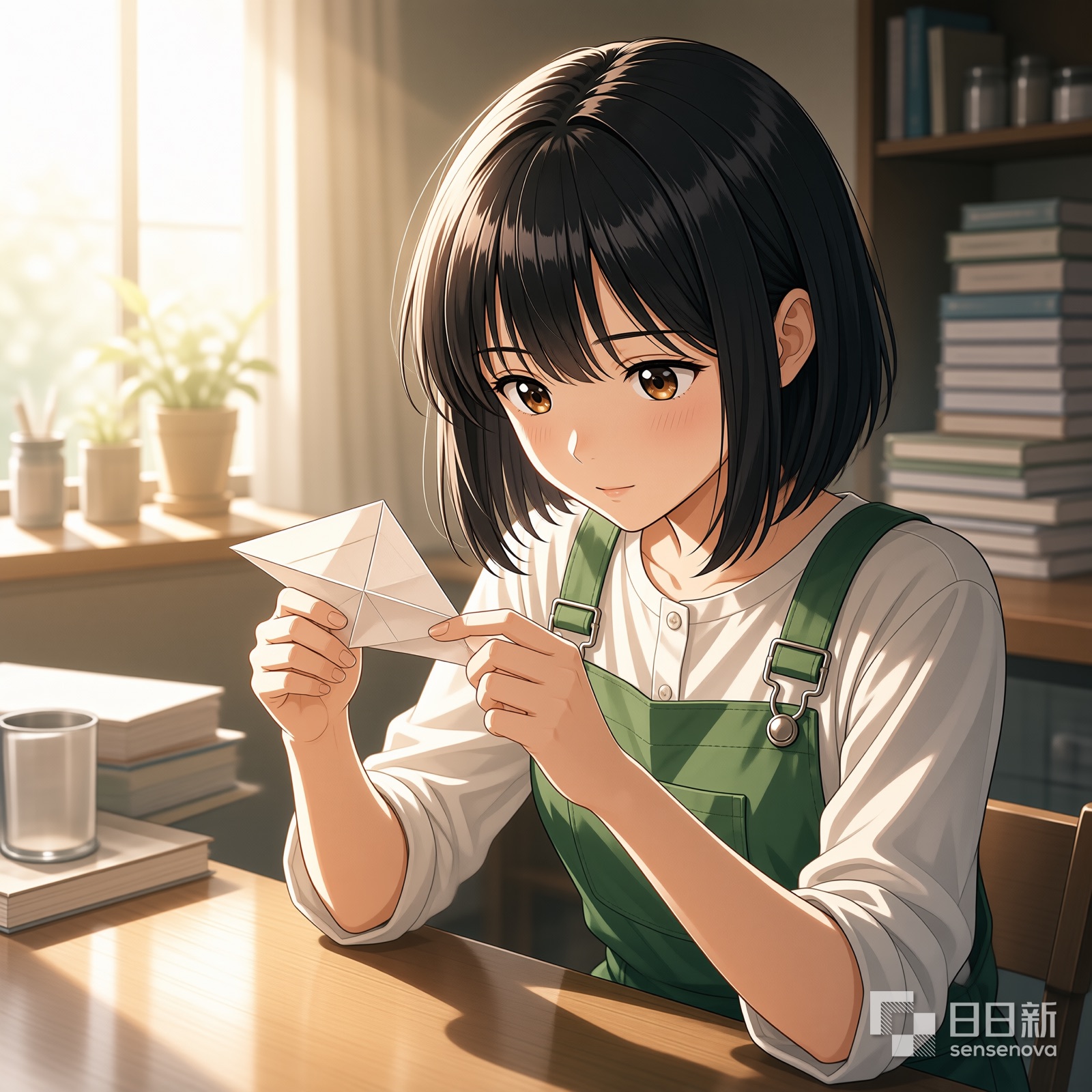 女孩在木屋里折纸飞机