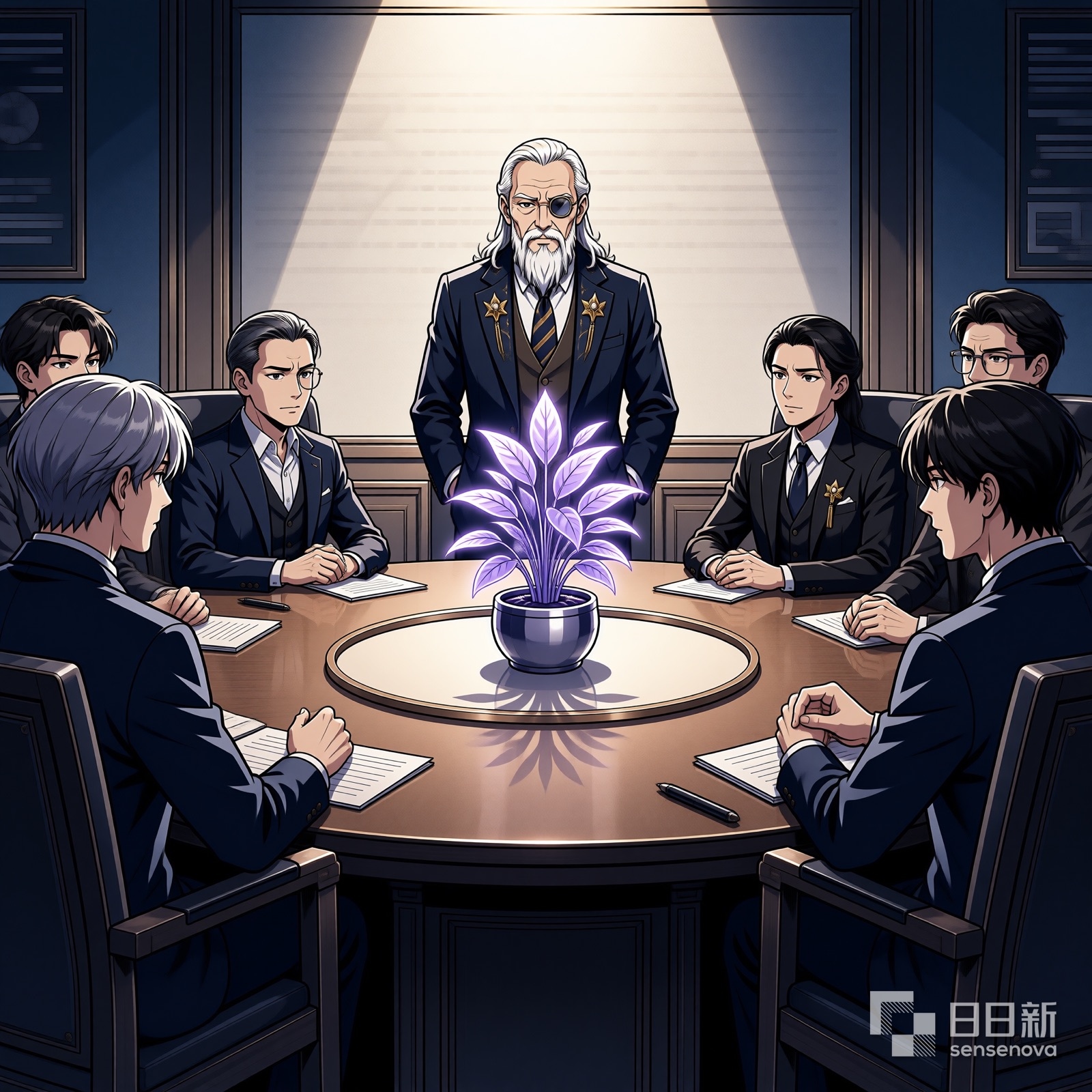 议会大厅圆形会议桌，中央一盆紫色盆栽