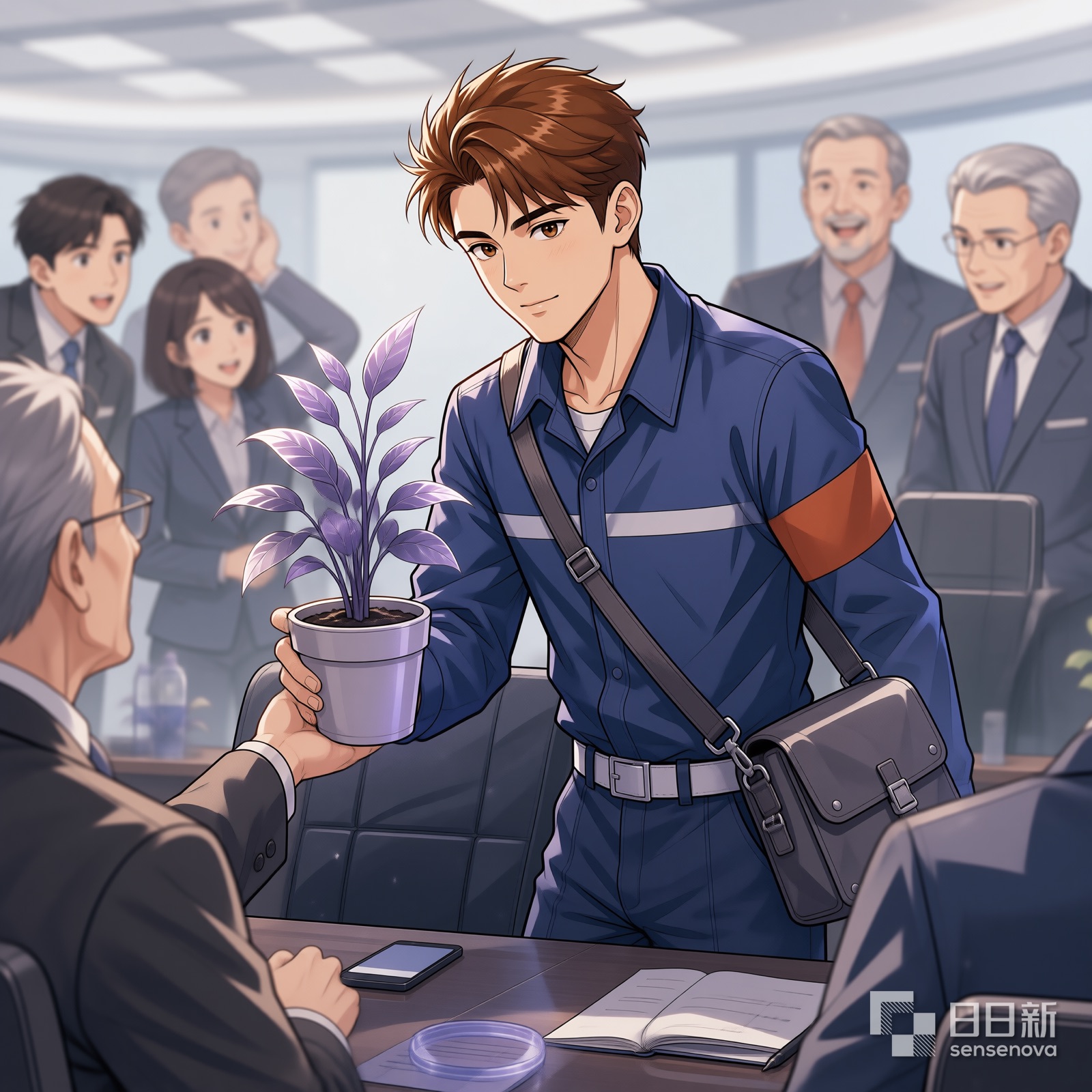 小北把紫色盆栽递给老议长