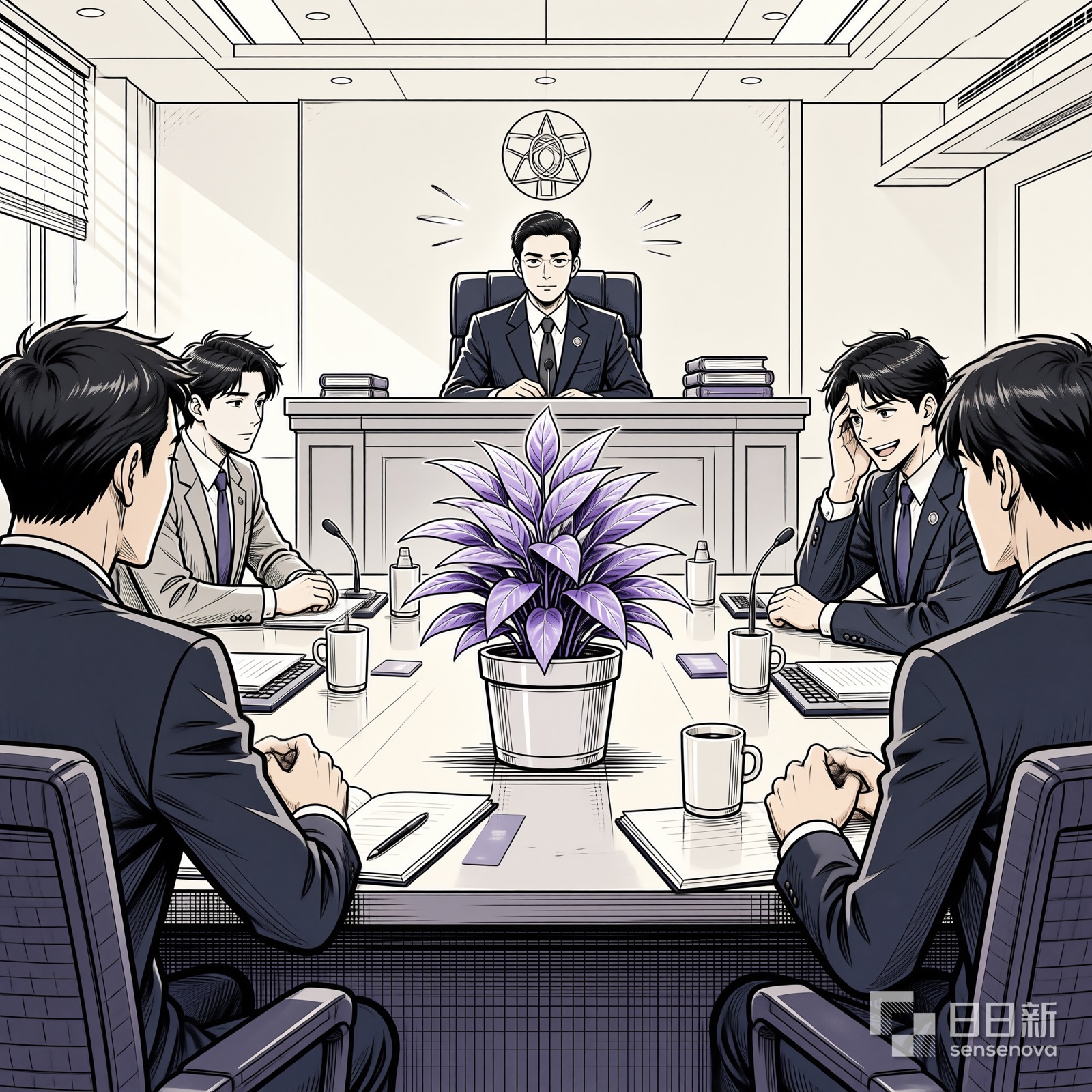 盆栽恢复紫色，议员们尴尬地围坐