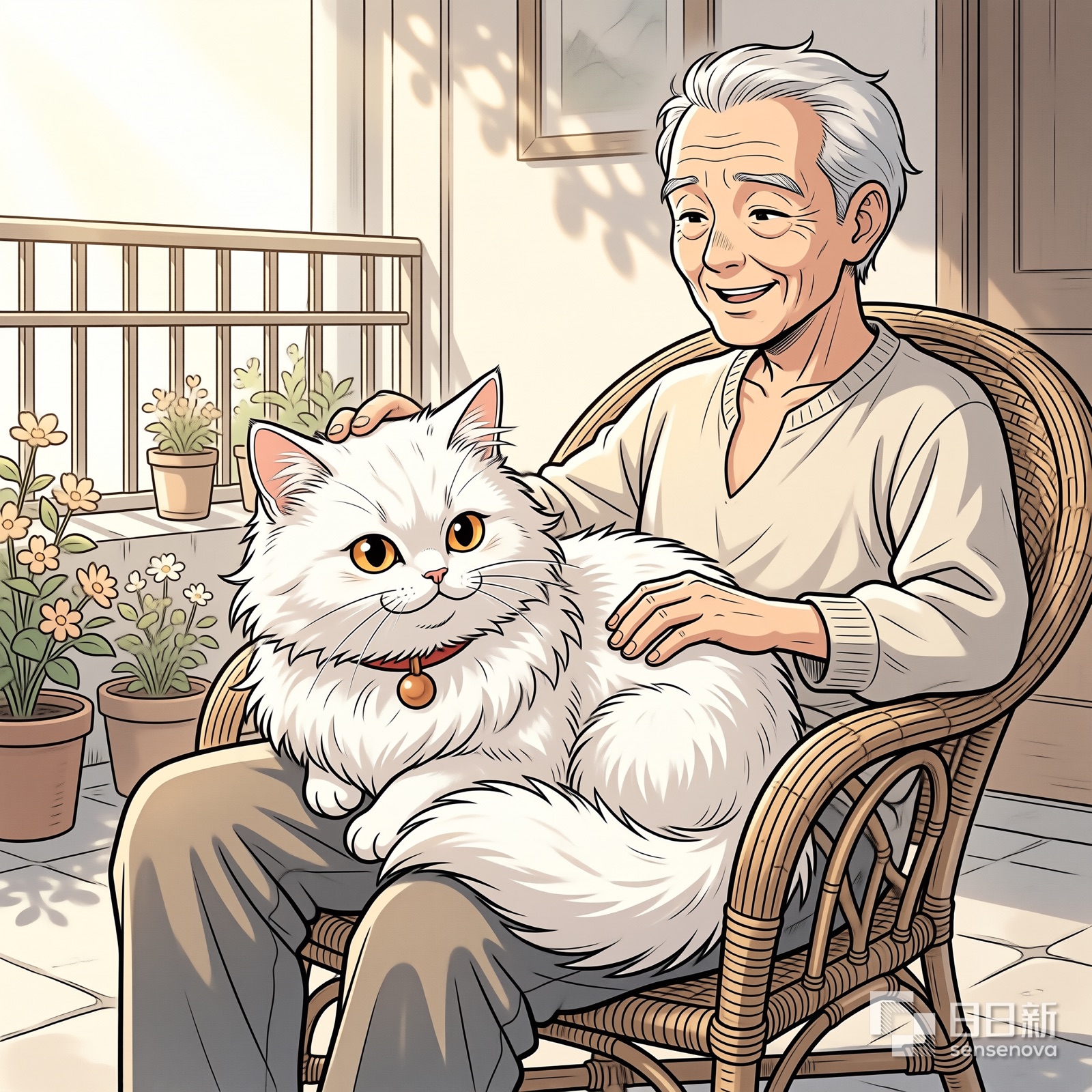 老人在院子里晒太阳撸猫