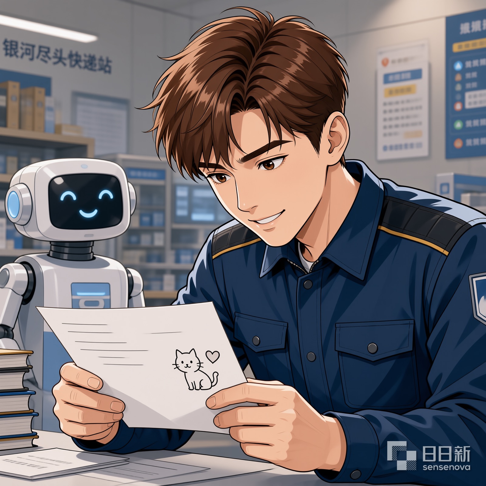小北读信，信纸末尾画着猫和爱心