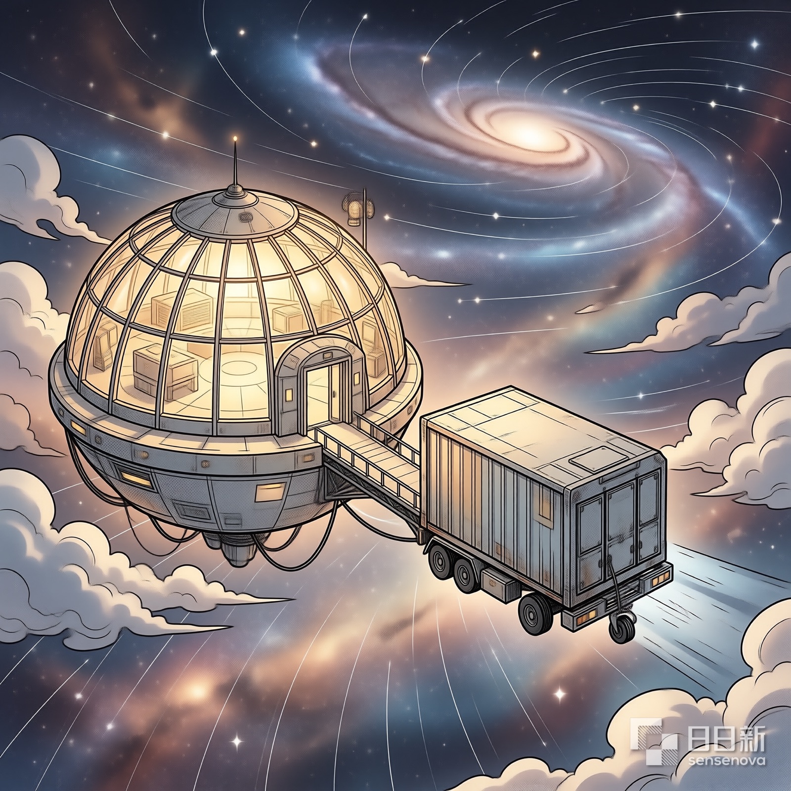 银河尽头快递站全景，飞船停靠，星光璀璨