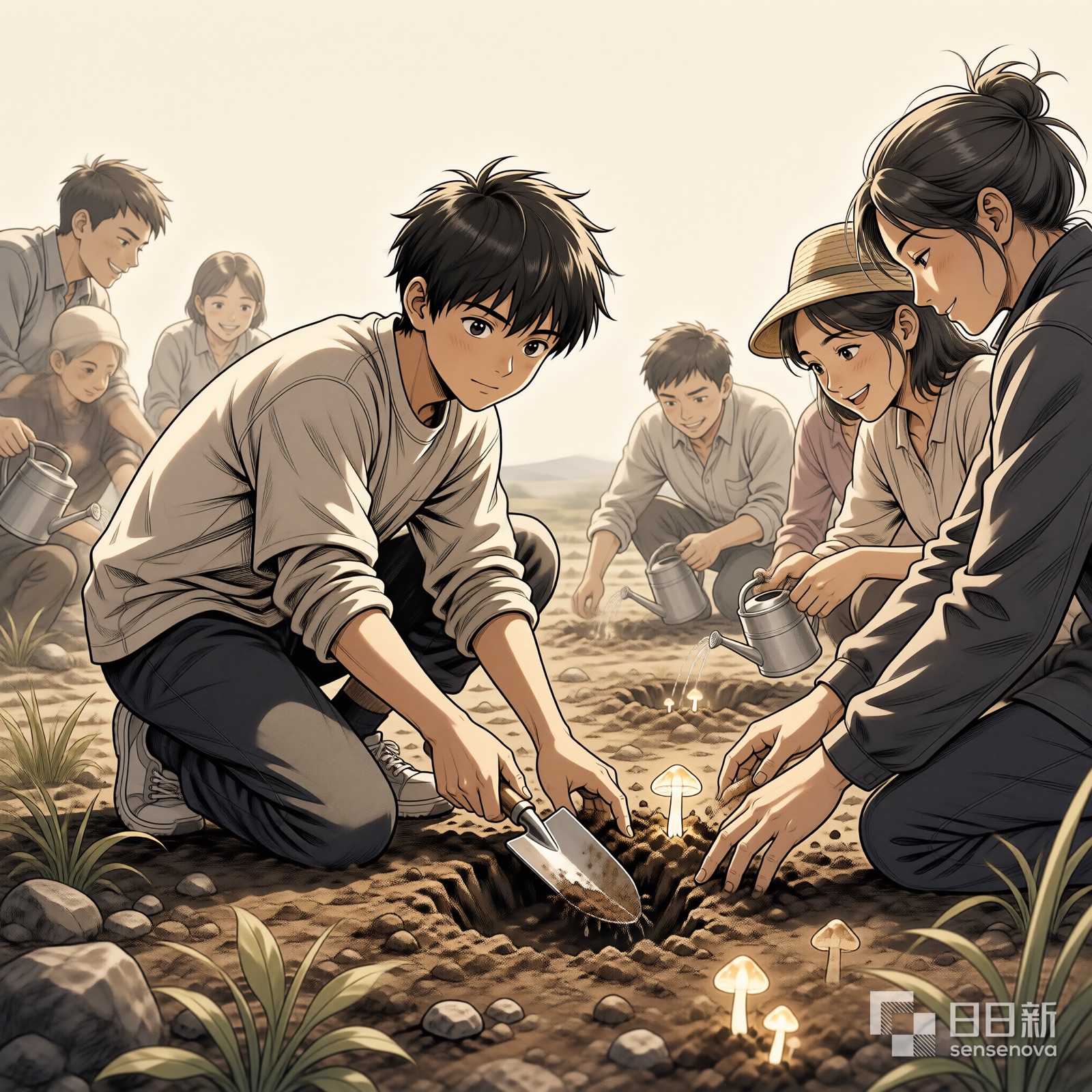 小北和居民一起种发光蘑菇