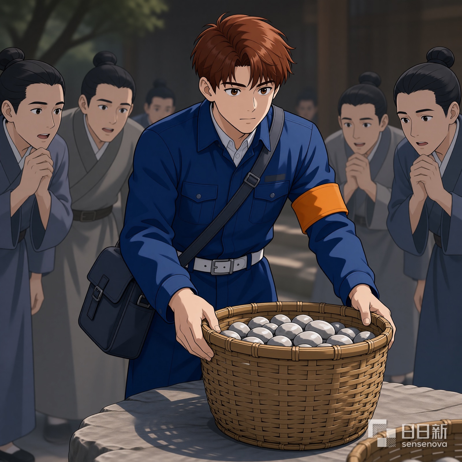 小北把装满石头的竹筐放在石桌上