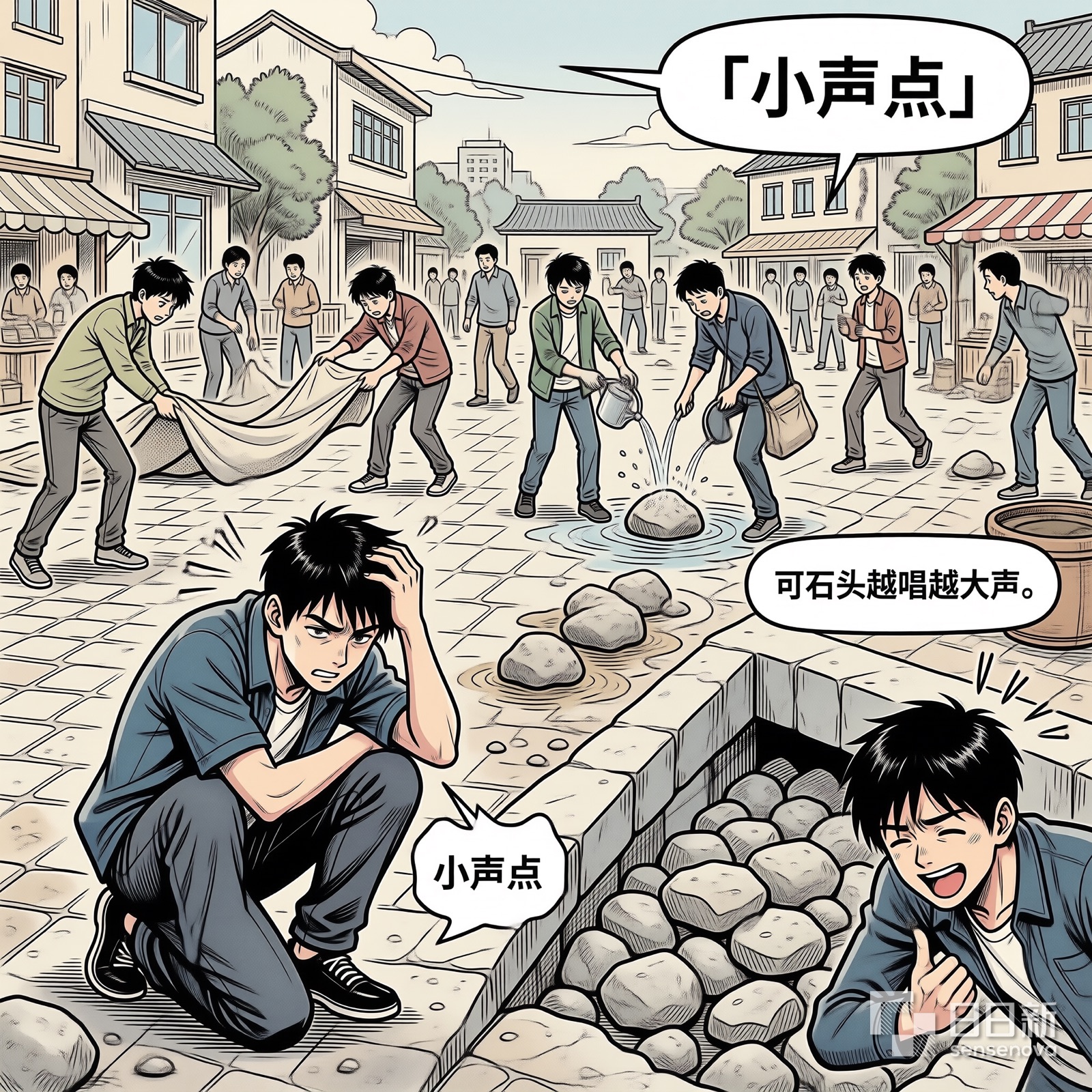 居民们慌乱藏石头，石头越唱越大声