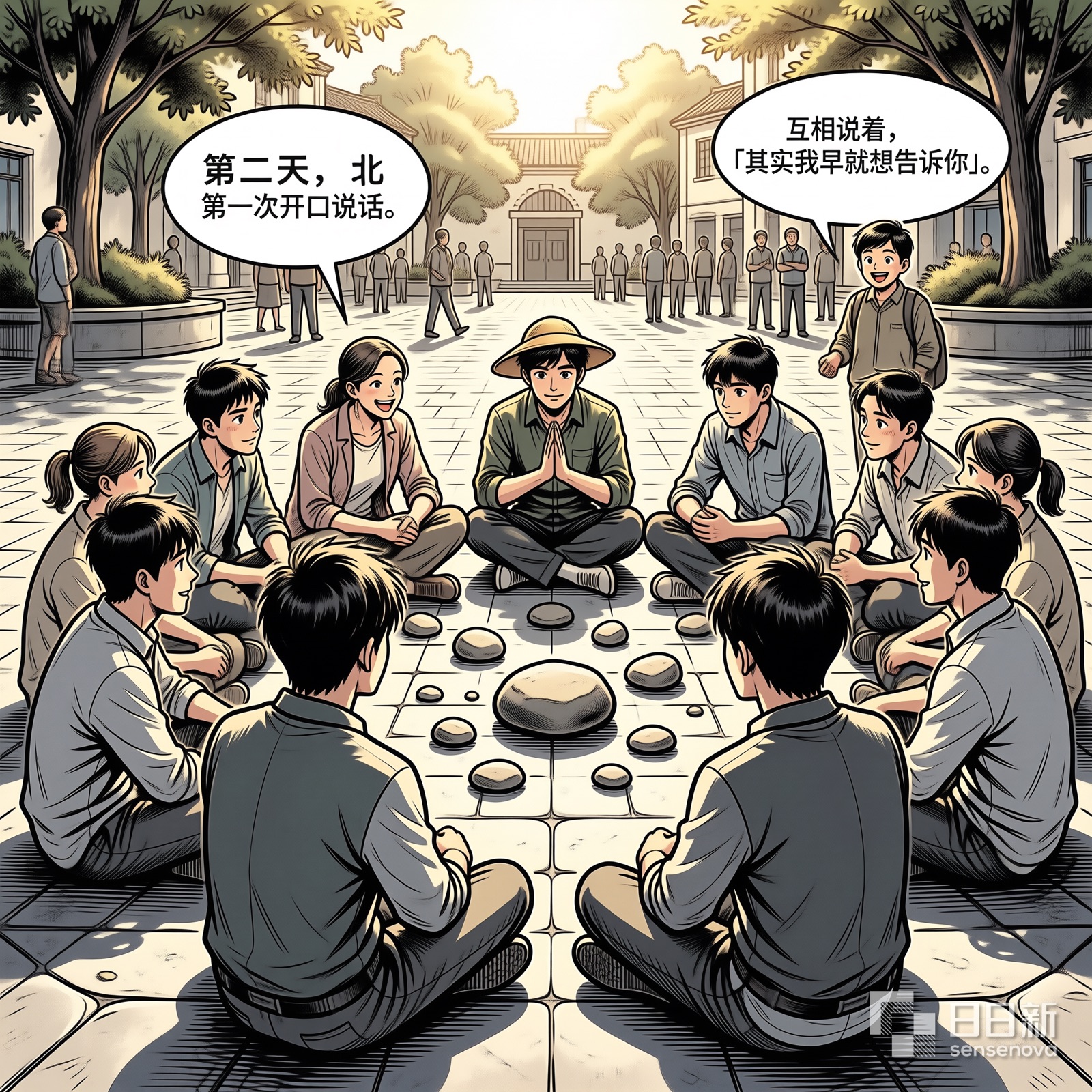 居民们围坐第一次开口说话，石头安静伴奏
