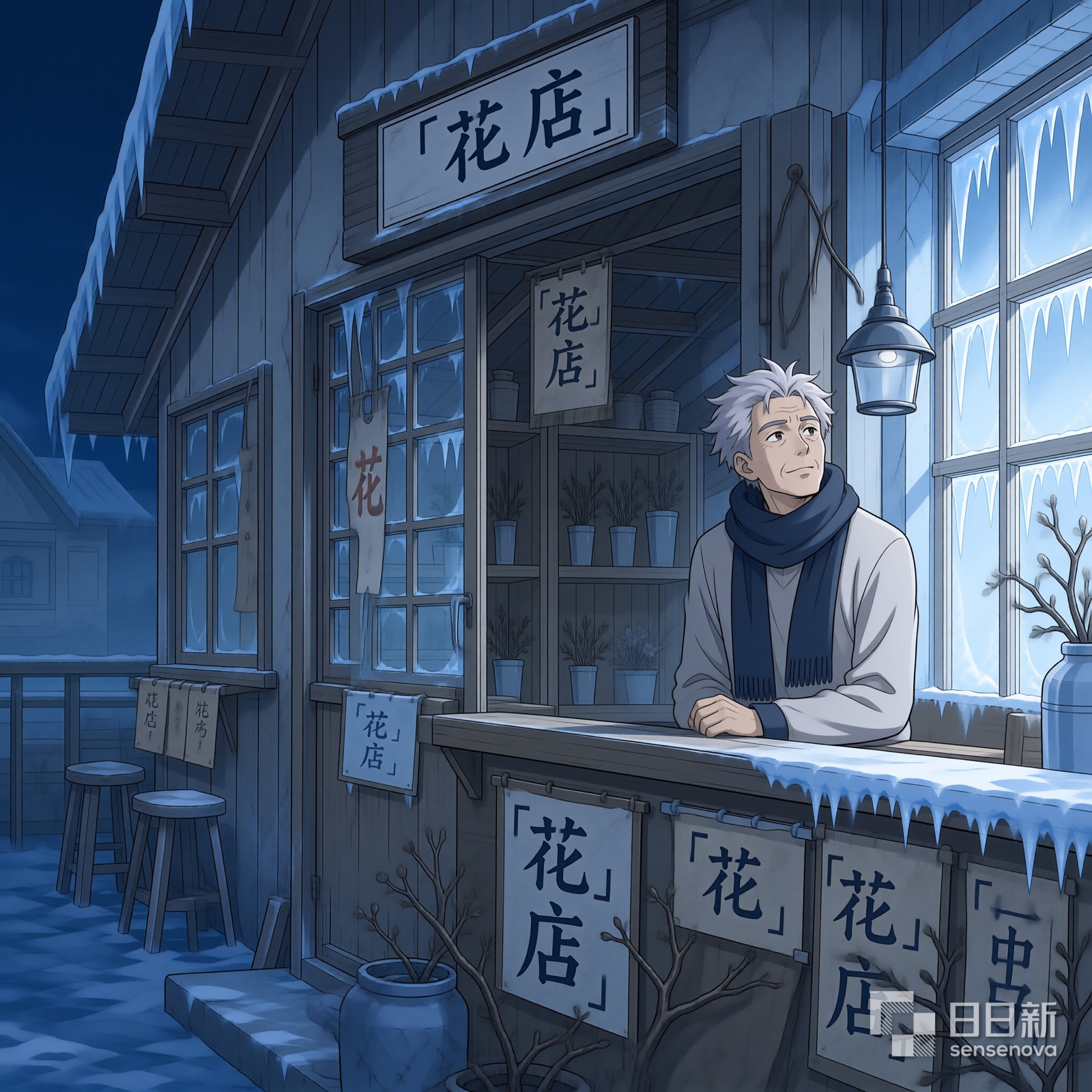 冰封星球上的空花店，老老板望着窗外
