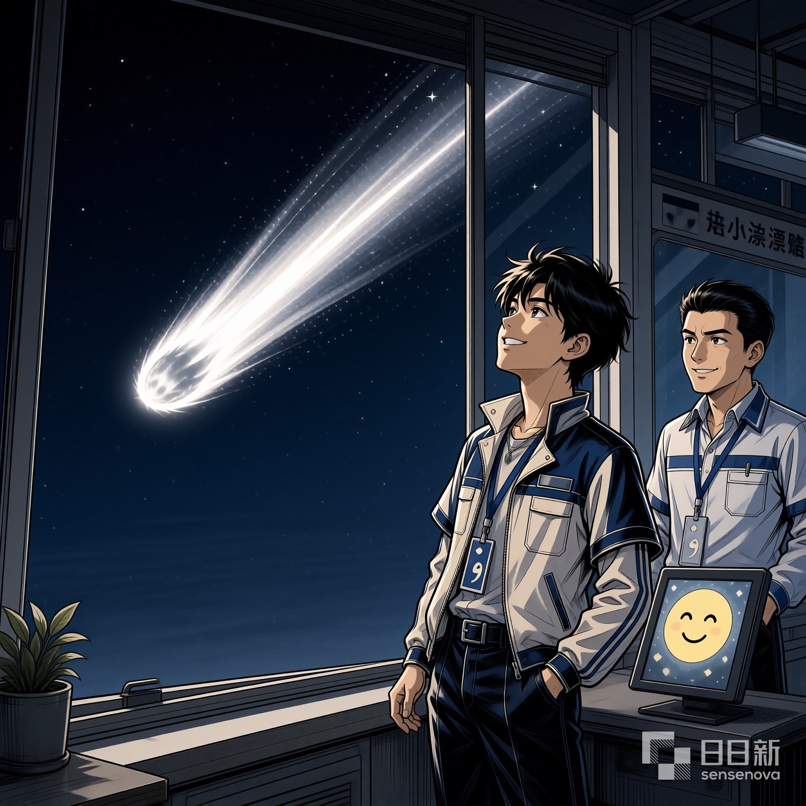 彗星拖着长尾远去，小北和站长在窗前目送