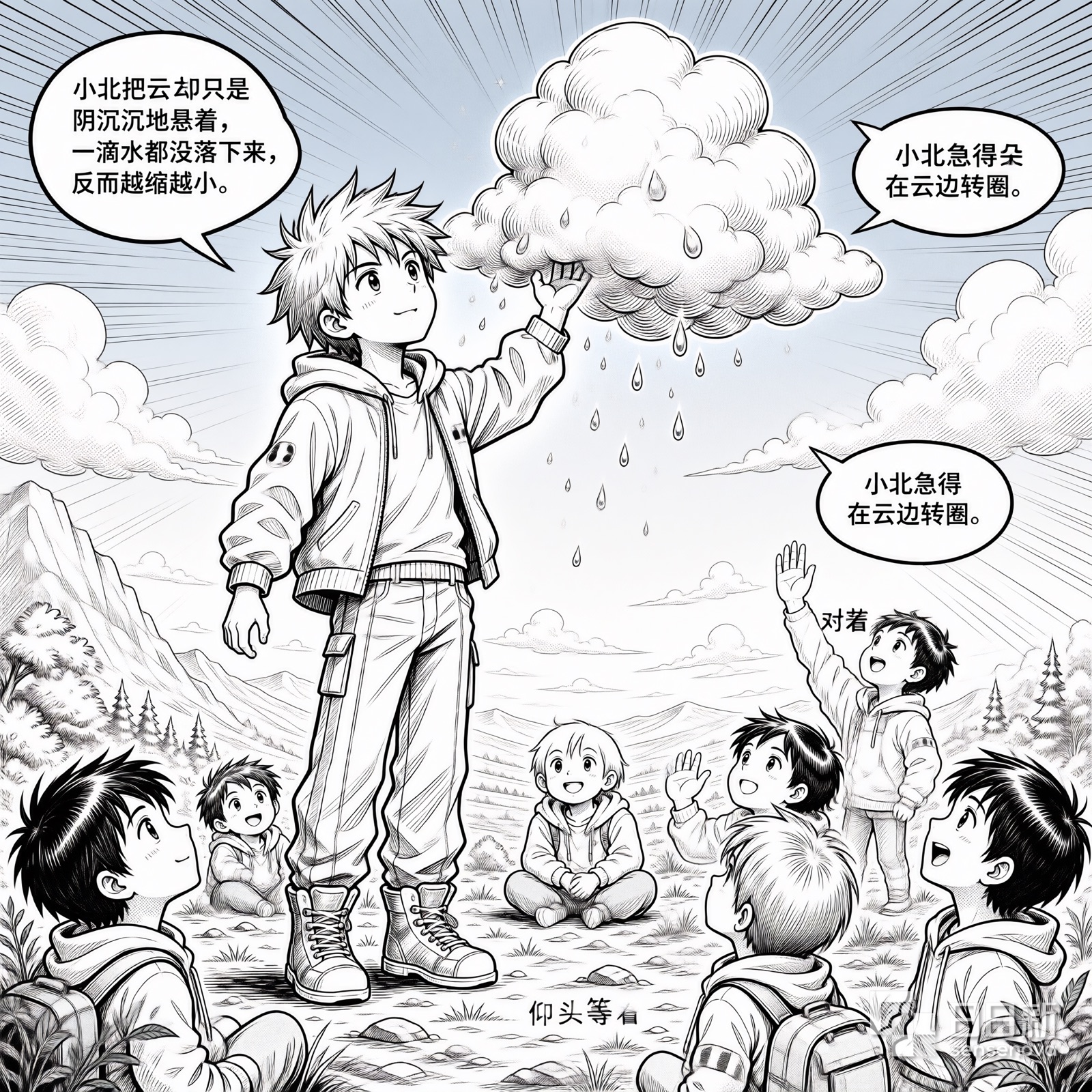 云朵阴沉悬空不落雪，孩子们失落，小北着急