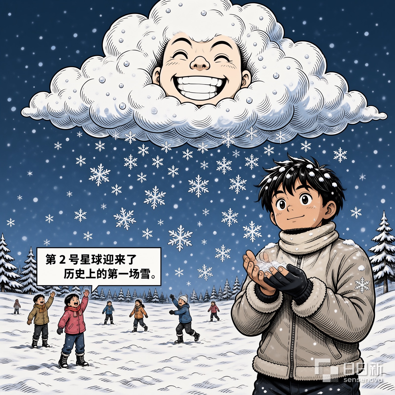 第2号星球第一次下雪，孩子们在雪地里欢呼