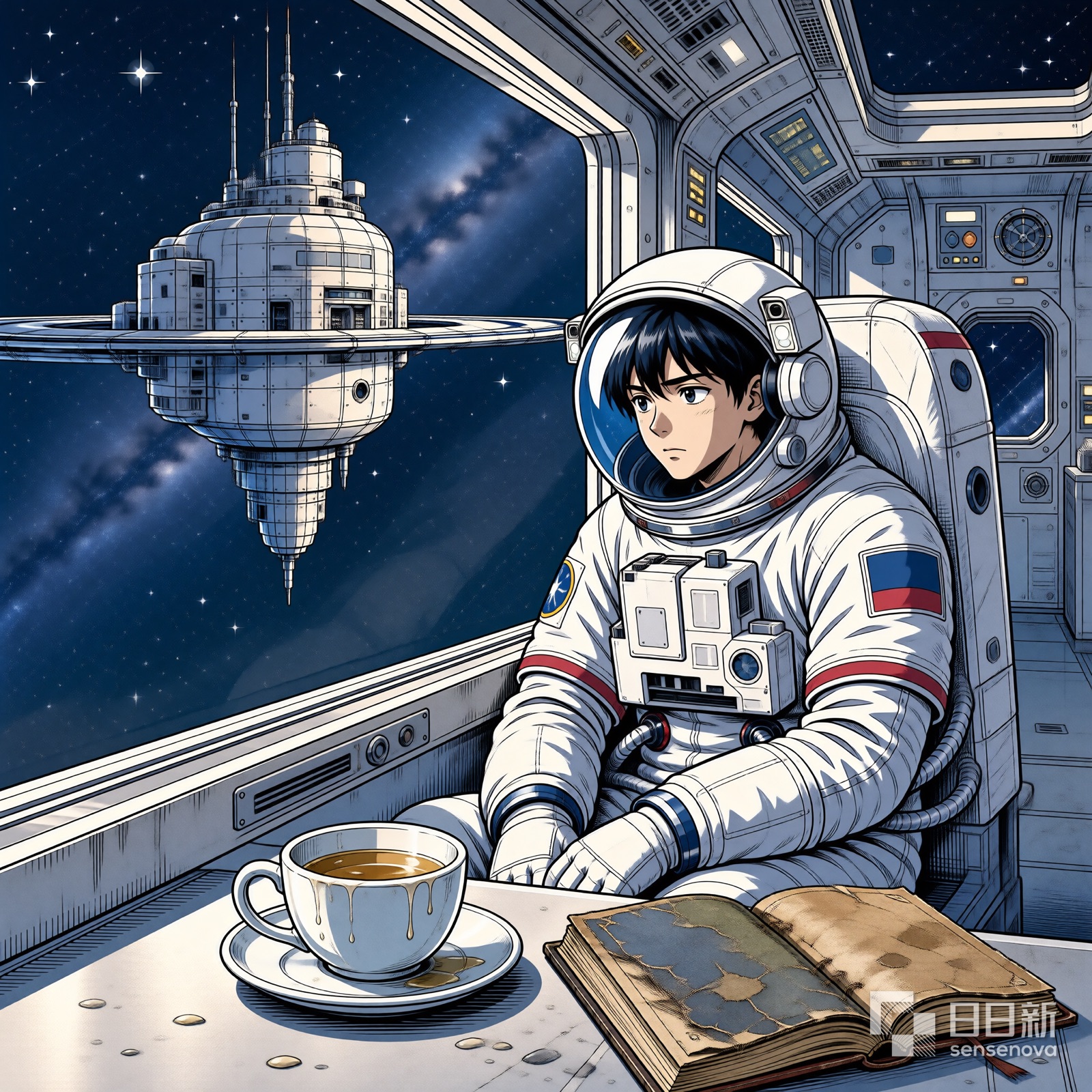 太空站里孤独的宇航员望着星海