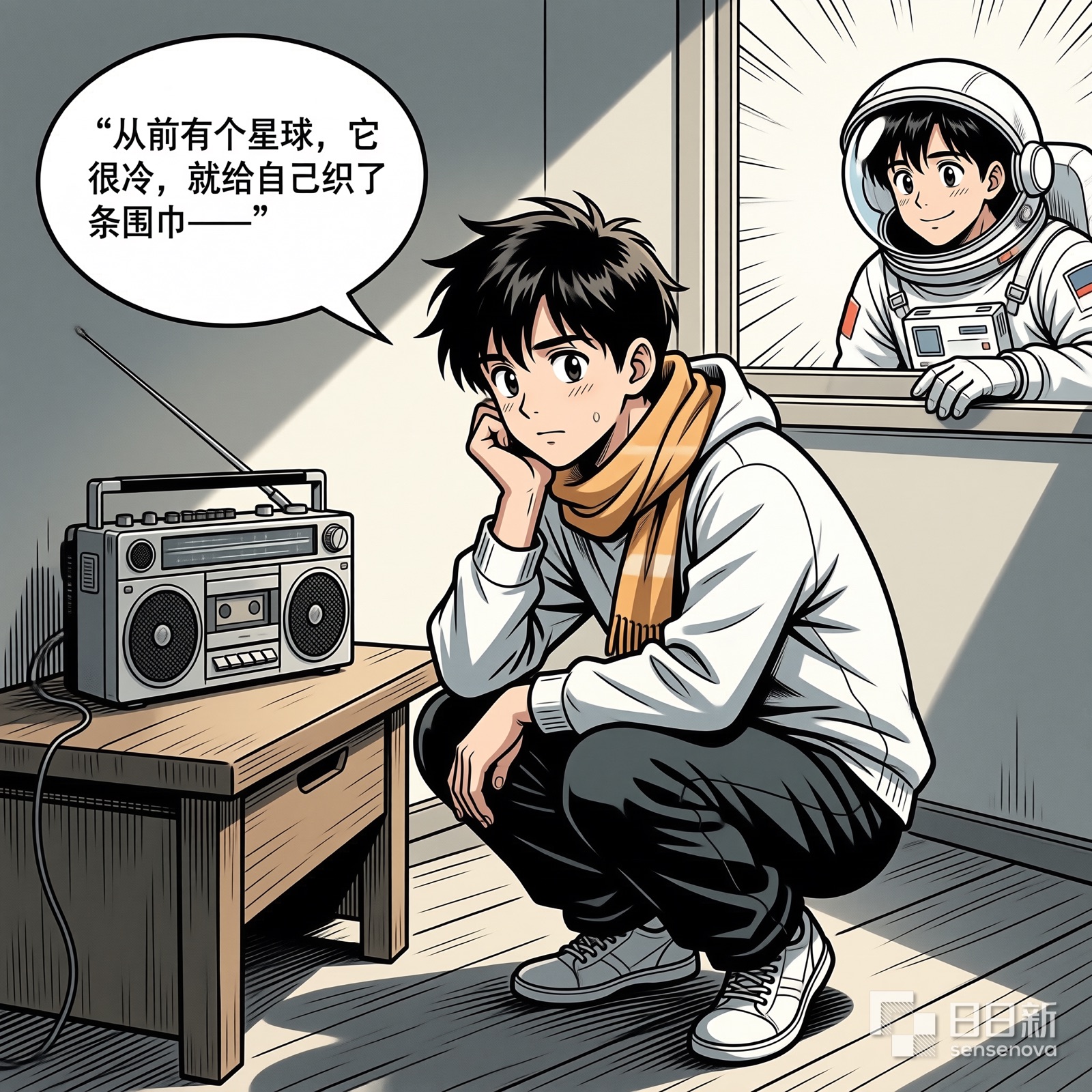 小北蹲着教收音机讲笑话，宇航员偷听