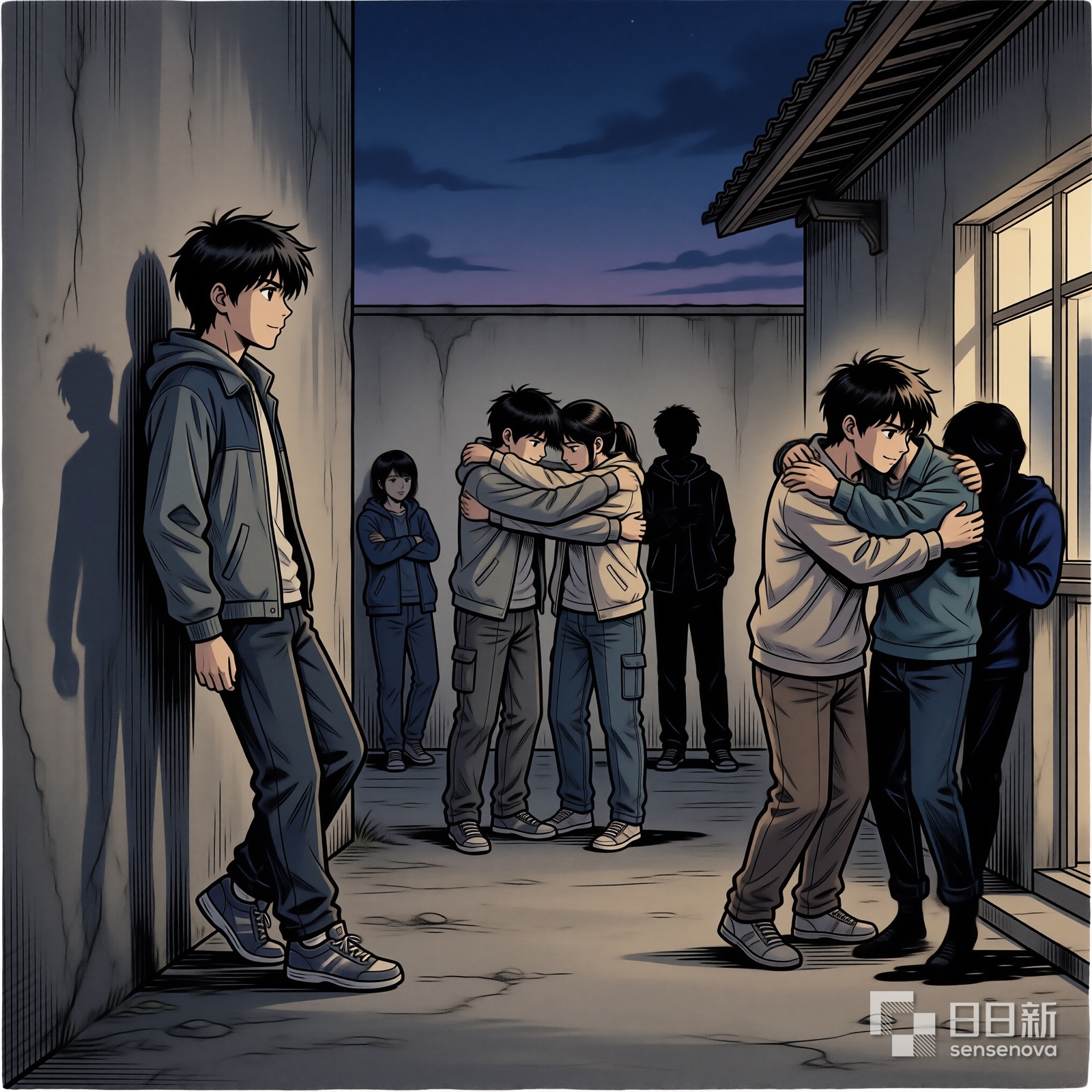 黄昏中影子们相拥，居民学着拥抱