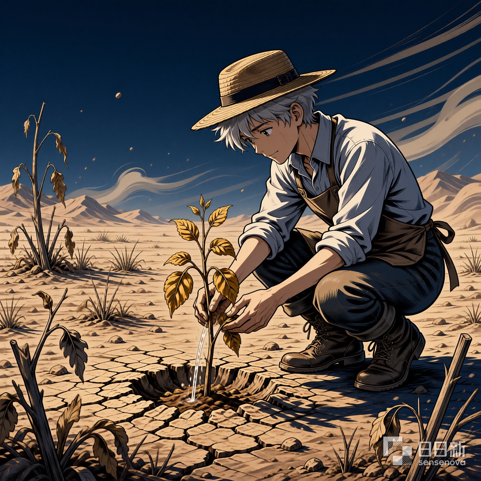 荒芜星球上，老植物学家在给枯苗浇水