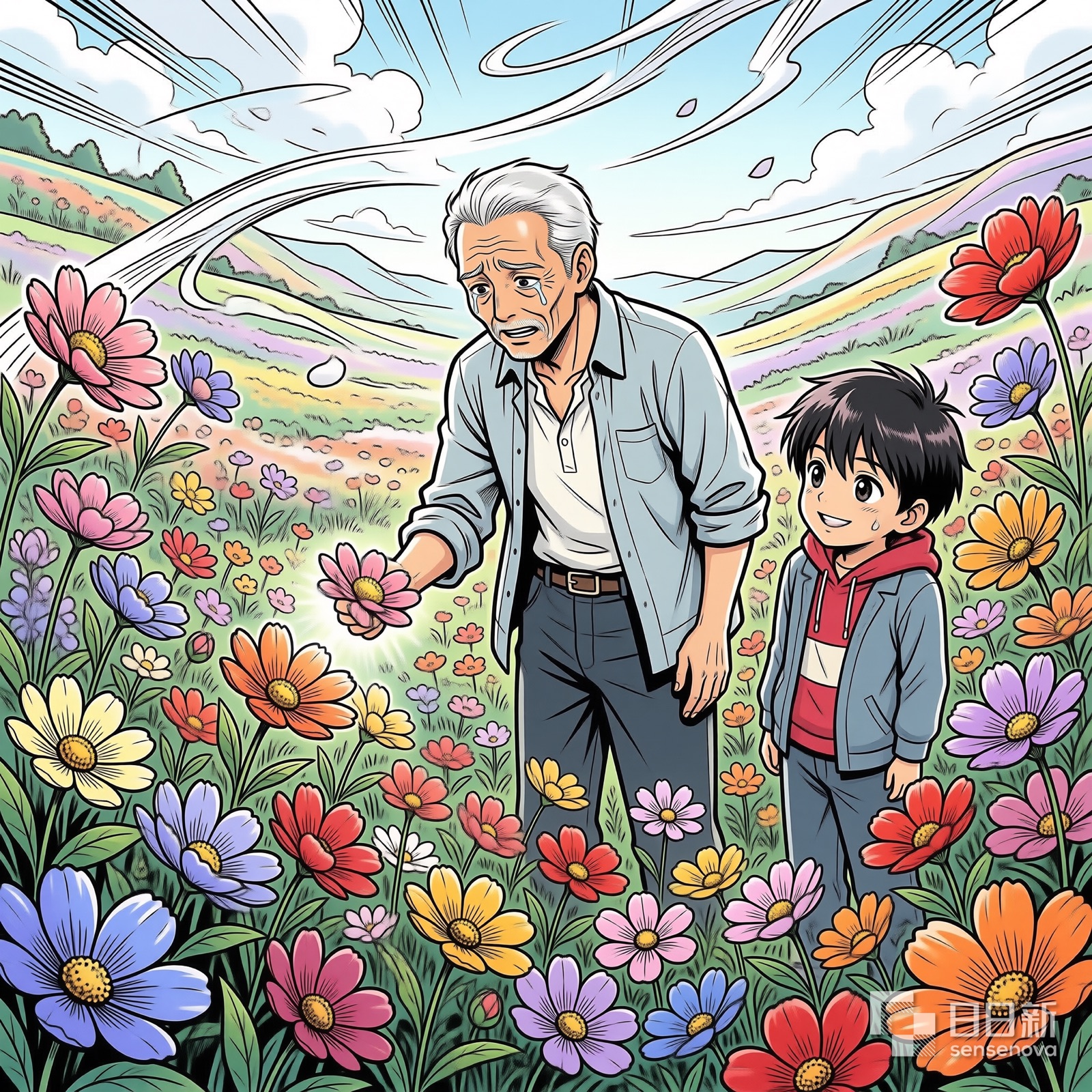 荒芜星球变成花海，老人在花海中微笑