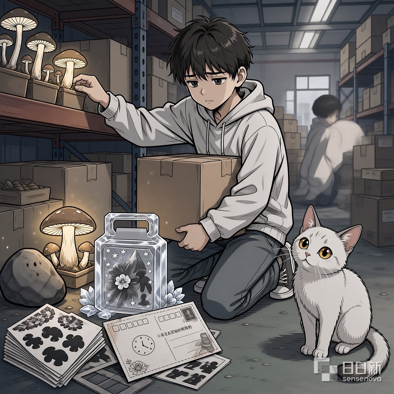 小北在仓库整理回忆，白猫蹲在旁边