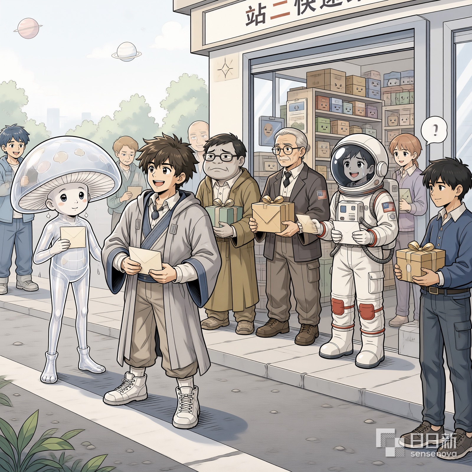各星球居民带着礼物涌到快递站门口